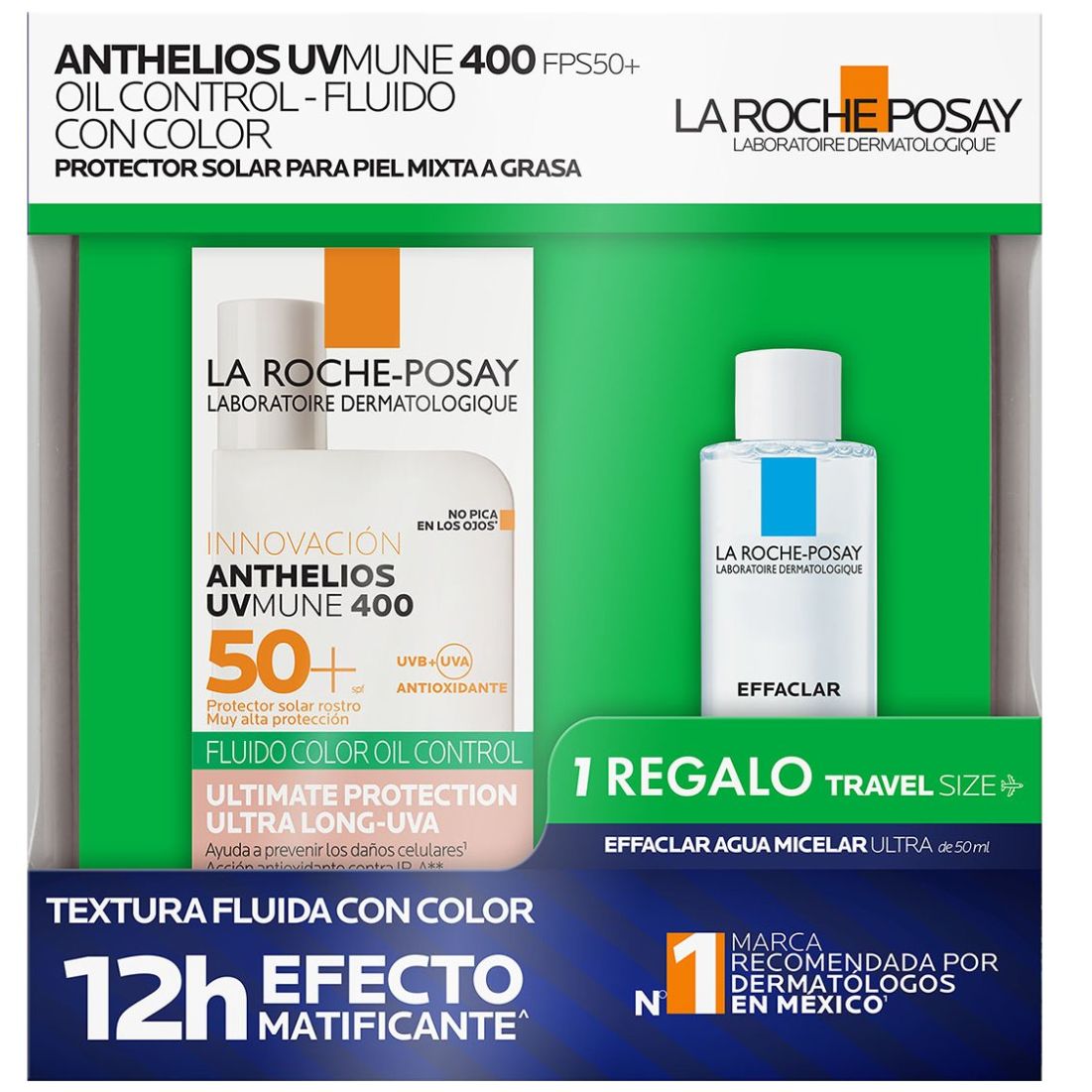 Pack la Roche Posay Anthelios Uvmune Oil Control Fluido con Color + Effaclar Agua Micelar 50Ml