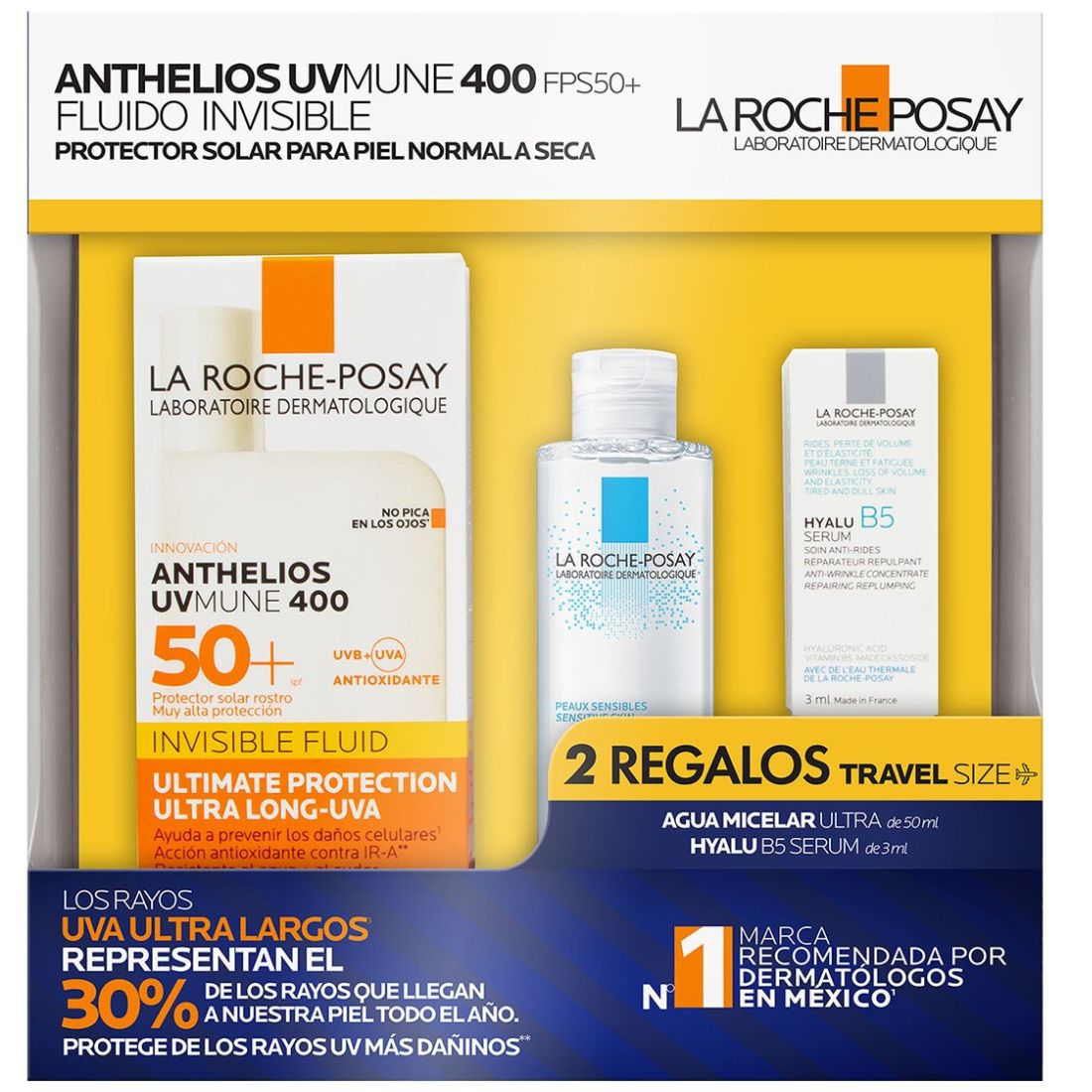 Pack la Roche Posay Anthelios Uv Mune400 50Ml + Agua Micelar Ultra 50Ml + Hyalu B5 Serum 3Ml