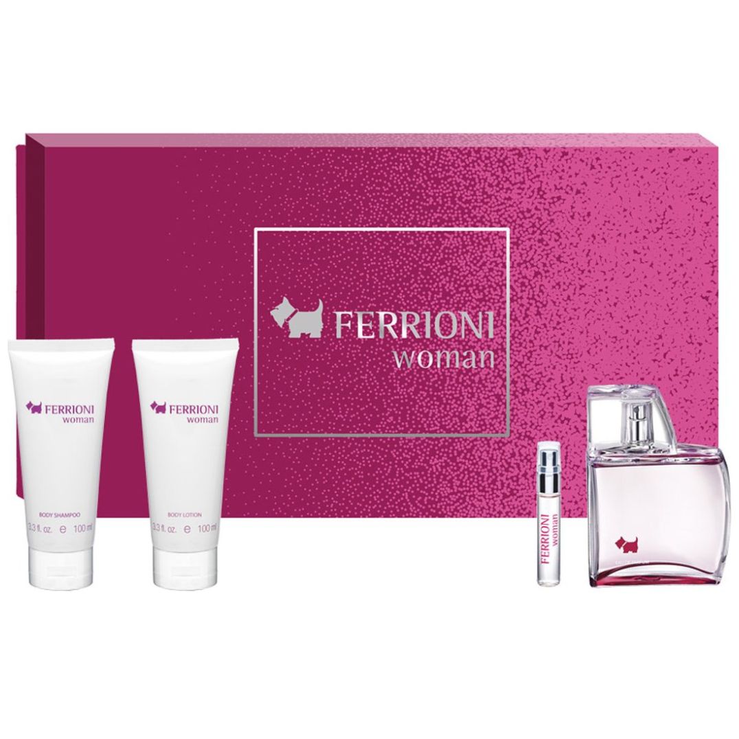 Estuche Fragancia para Mujer Ferrioni Woman Edp 100 Ml + Bs 100 Ml + Bl 100 Ml + Perfumero 6 Ml