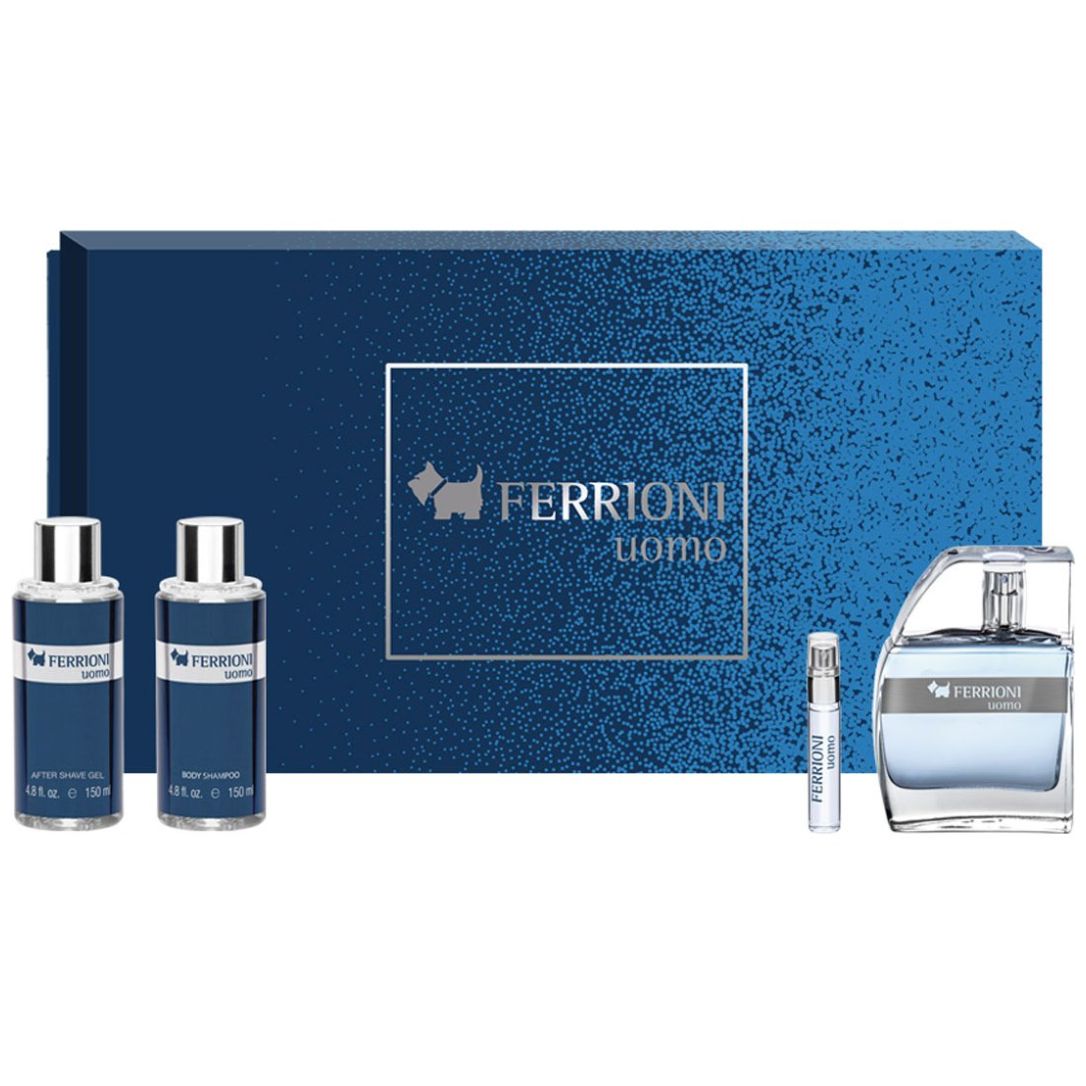 Estuche Fragancia para Hombre Ferrioni Uomo Edt 100 Ml + Bs 150 Ml + Asg 150 Ml + Perfumero 6 Ml