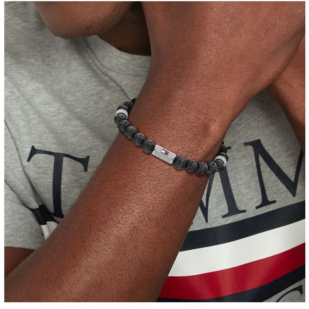 Brazalete Tommy Hilfiger de Acero Inoxidable y Cuerda Elástica Negro/plateado para Hombre