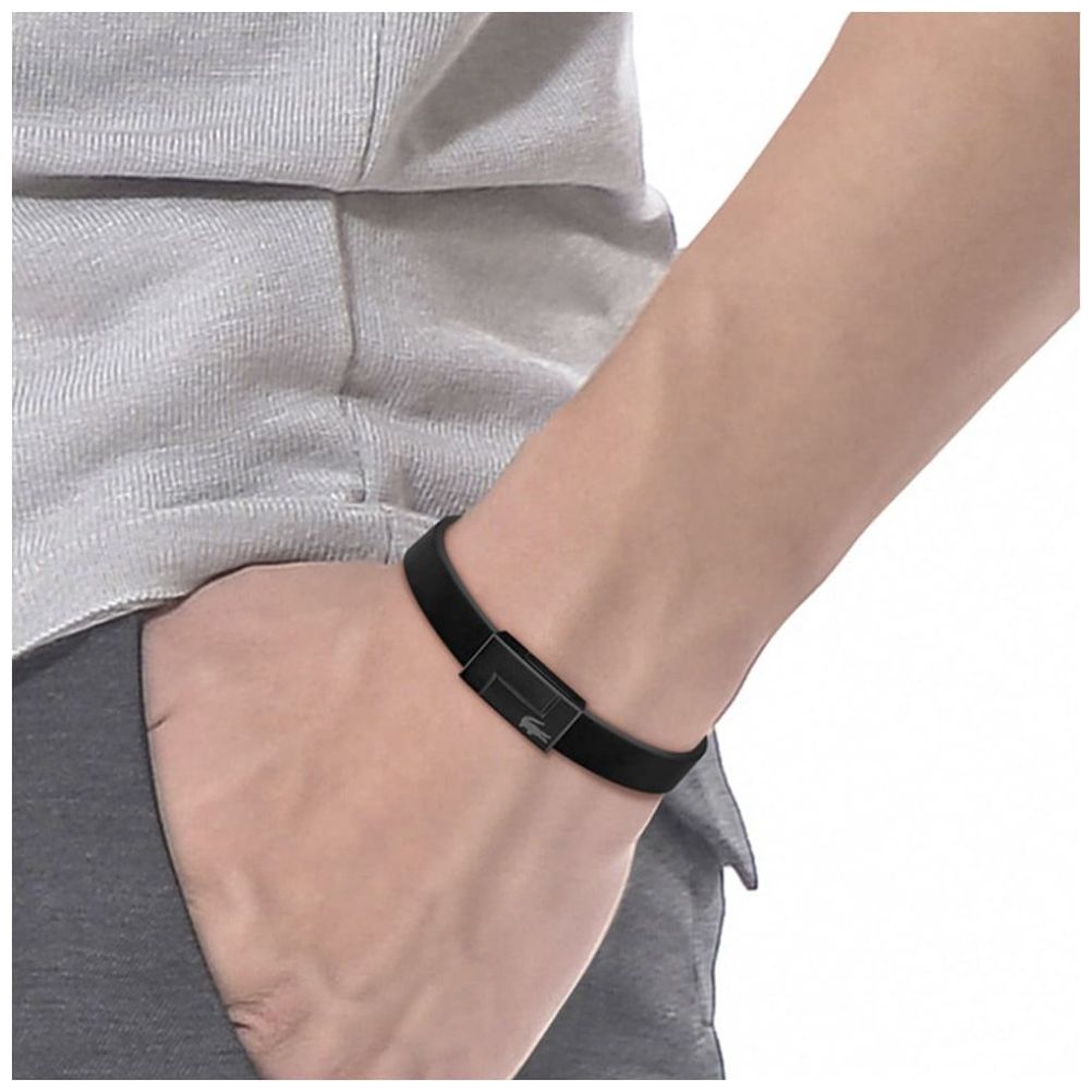 Brazalete Lacoste de Acero Inoxidable y Cuero Negro para Hombre