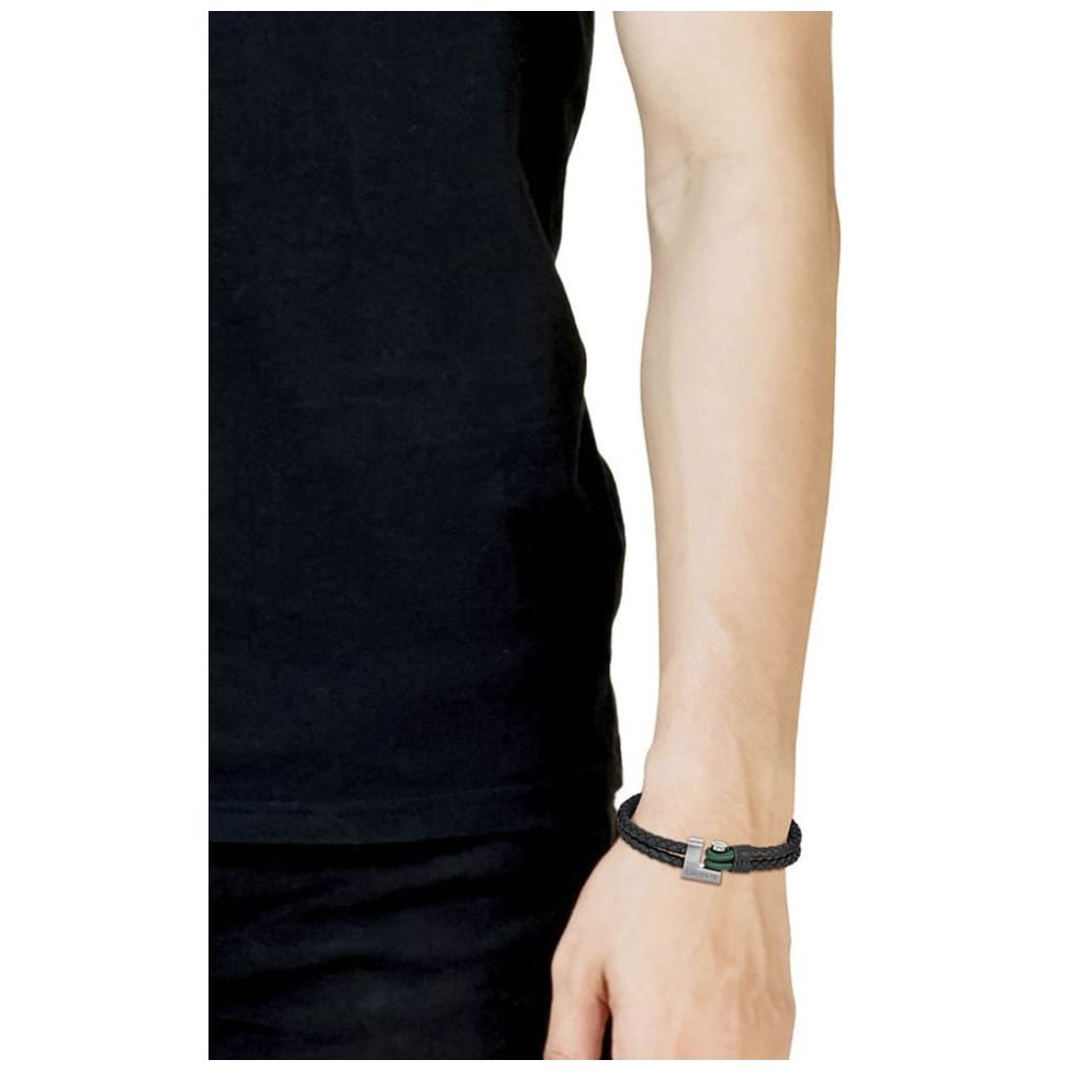 Brazalete Lacoste de Acero Inoxidable, Cuero y Elástico Plateado/negro/verde para Hombre