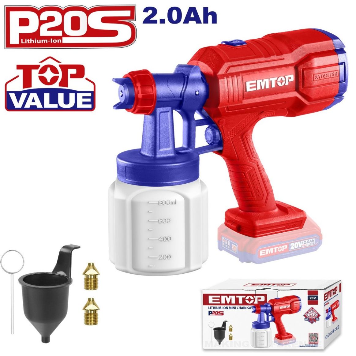 Kit Pistola para Pintar Inalámbrica 20V de 800 Ml Emtop