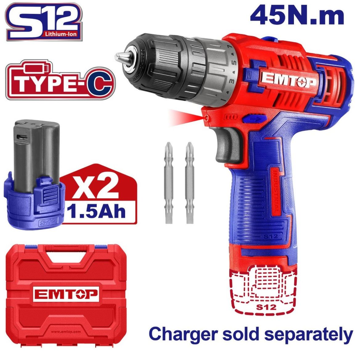 Kit Taladro Atornillador de 45 Nm Inalámbrico de 12V Emtop