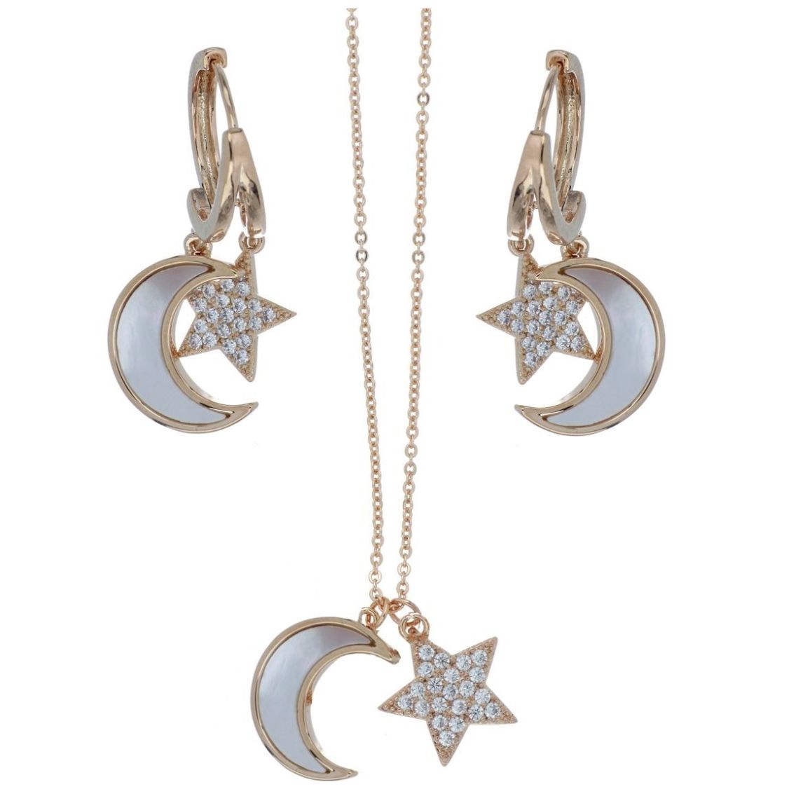 Set Aretes+Dije Cadena Luna y Estrella Chapado Oro Rosa Farfalla Bonetti