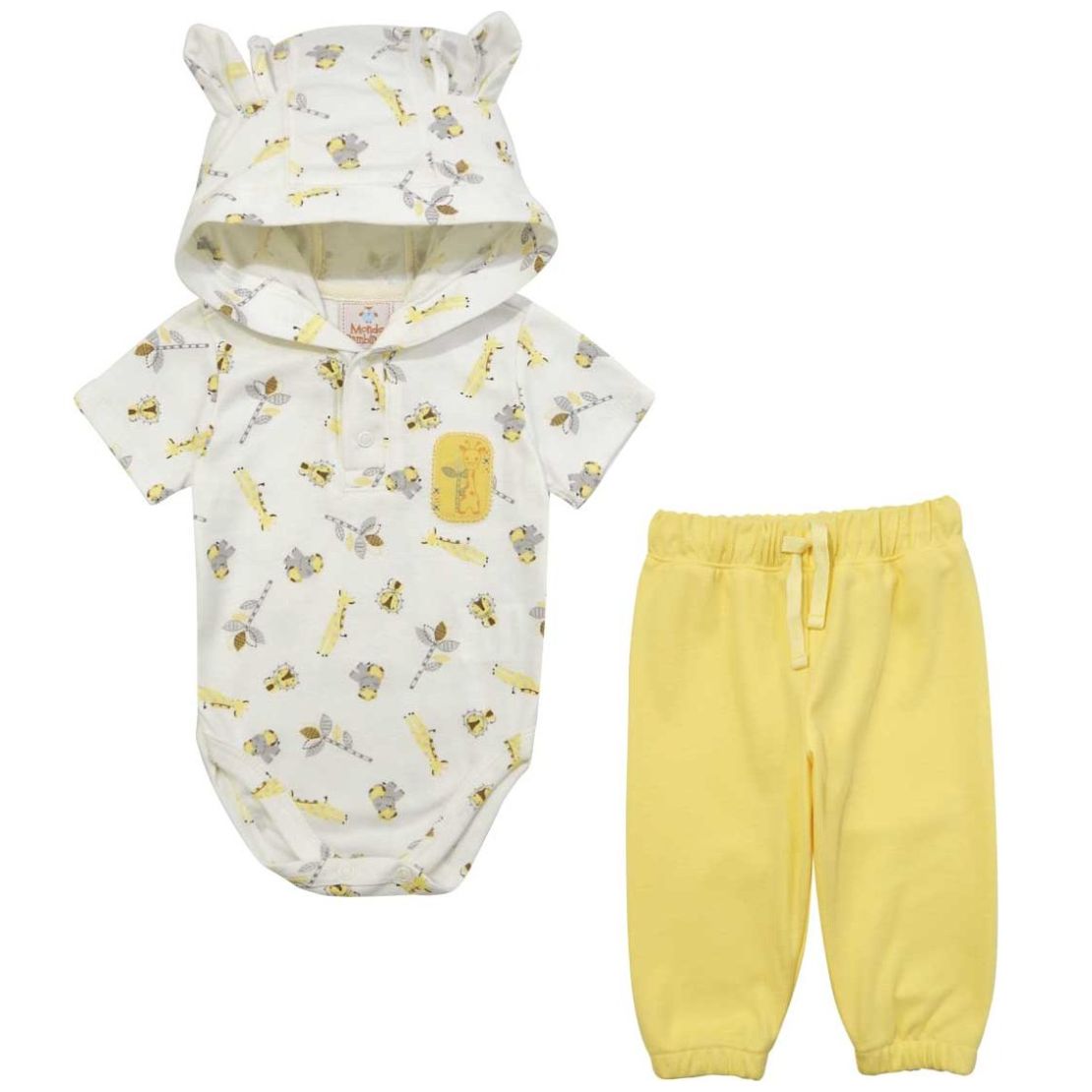 Conjunto para Bebé 2 Piezas Body Manga Corta Capucha con Orejas y Pantalón Amarillo Mondo Bambino