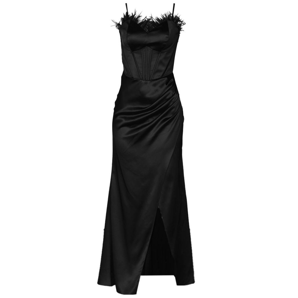 Vestido Largo de Fiesta con Escote de Plumas para Mujer