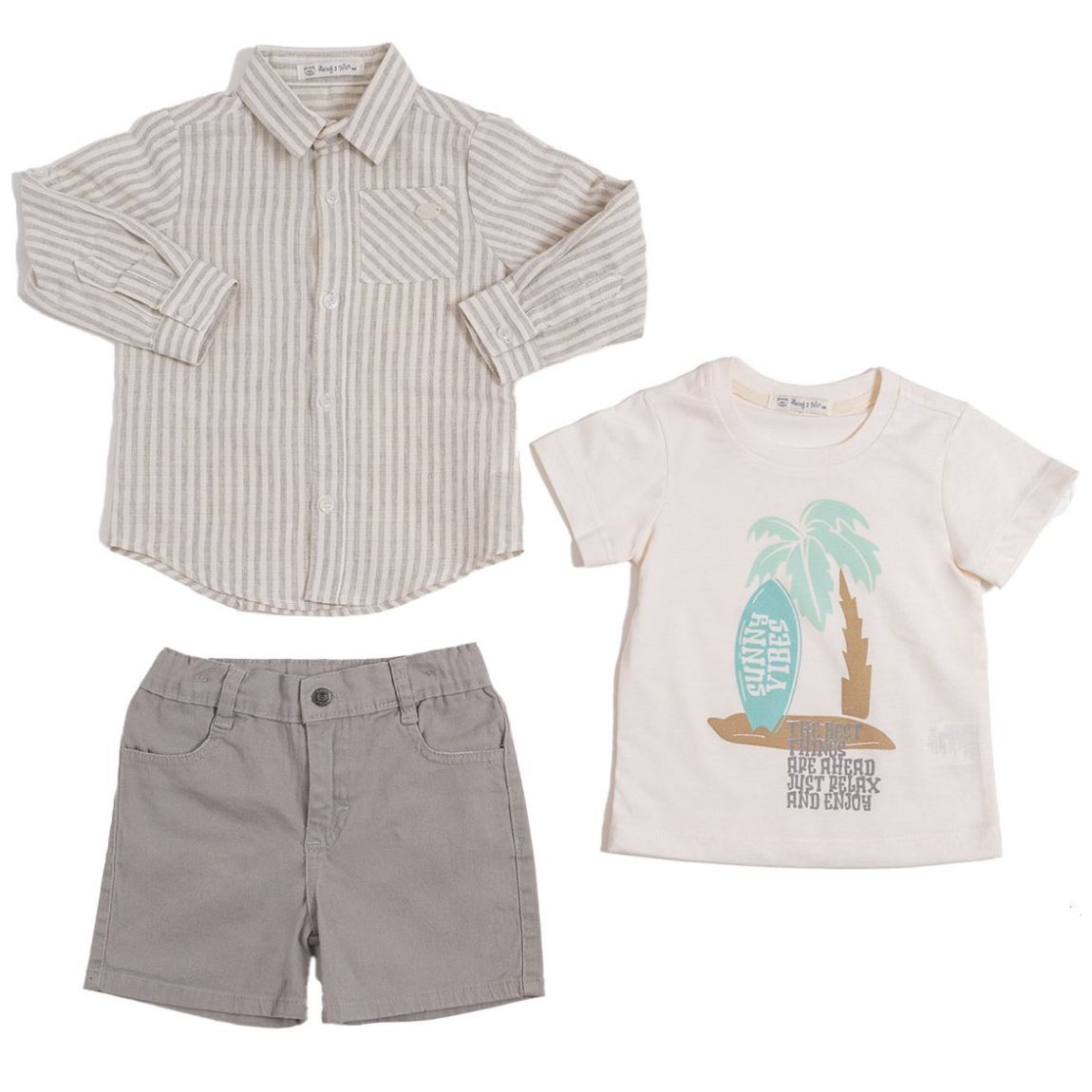 Conjunto para Bebé 3 Piezas Camisa Manga Larga Pañalero Y Short Gabardina Being 2 Nice