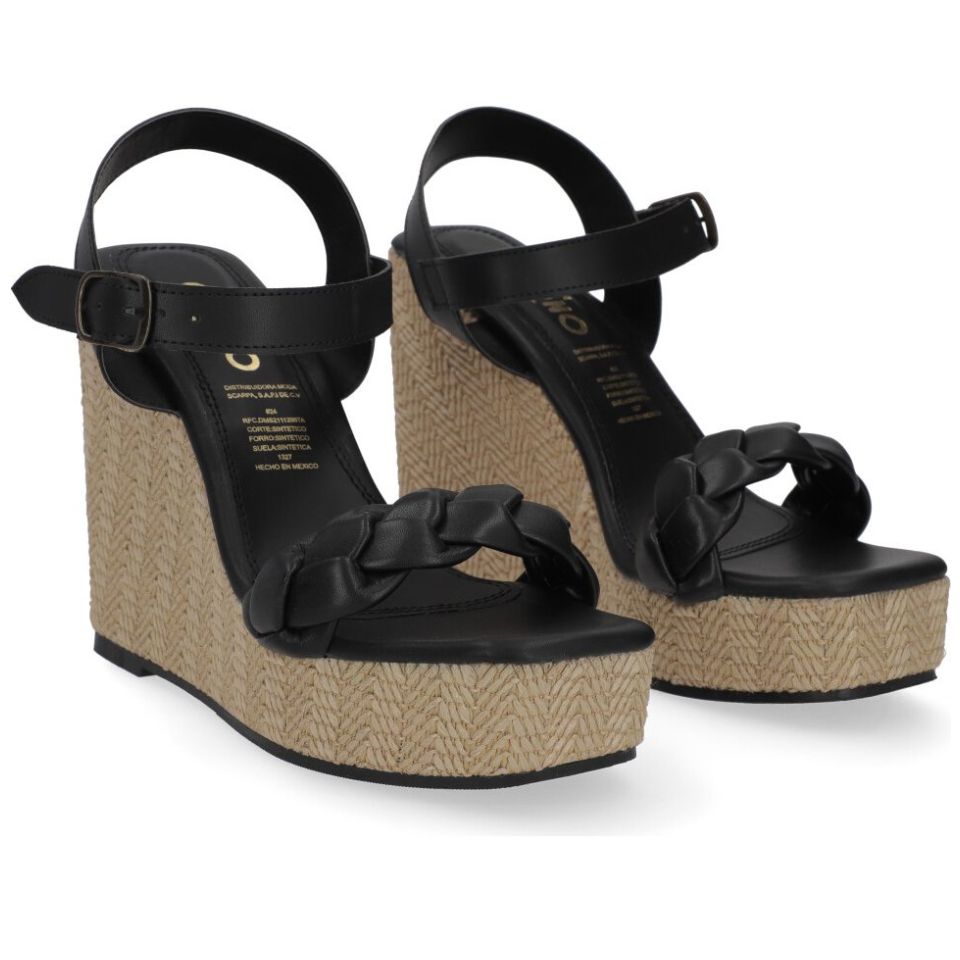 Sandalia Capa de Ozono con Cuña Tira Trenzada Negra