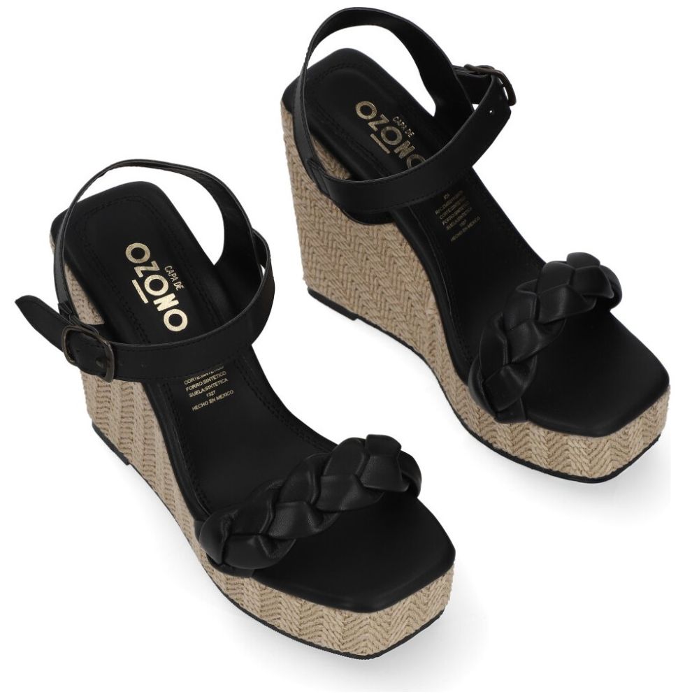 Sandalia Capa de Ozono con Cuña Tira Trenzada Negra