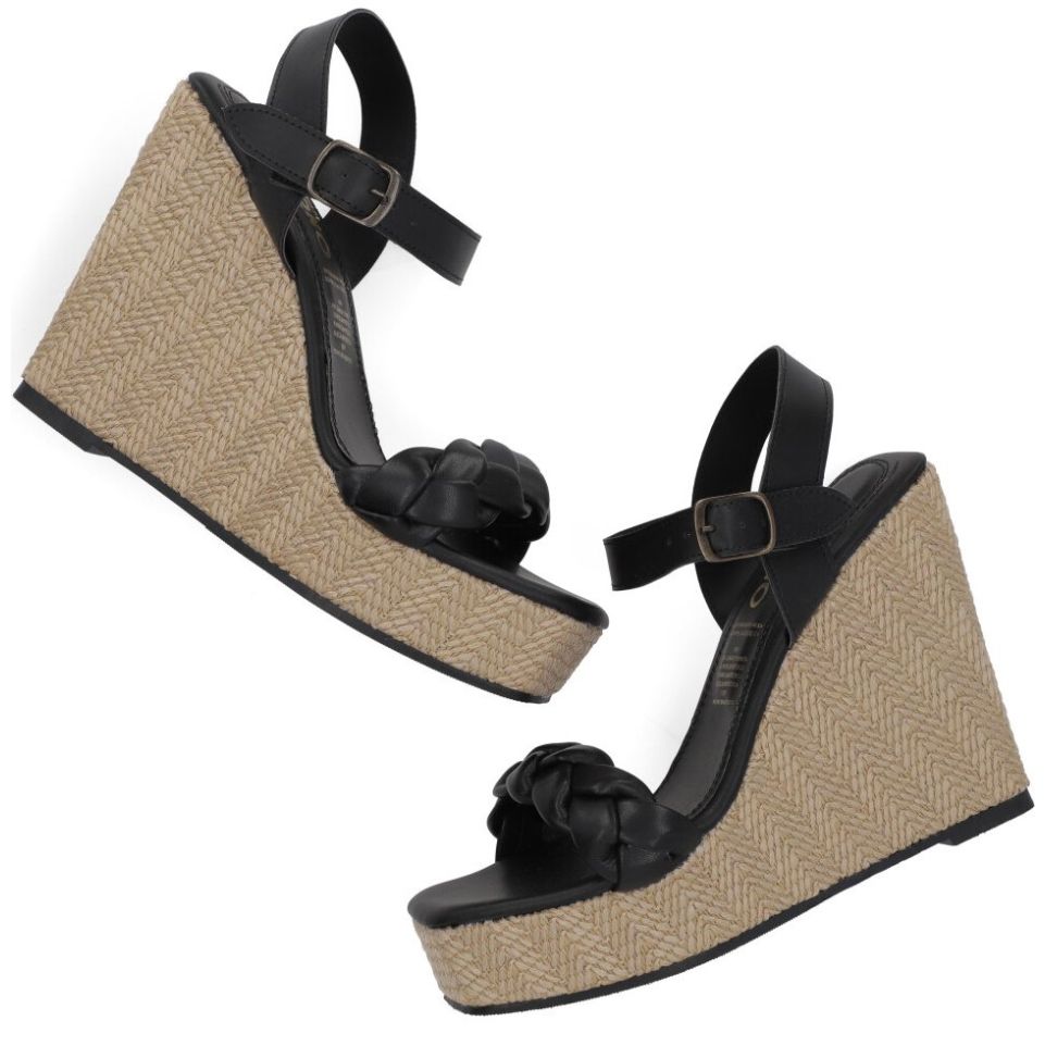 Sandalia Capa de Ozono con Cuña Tira Trenzada Negra
