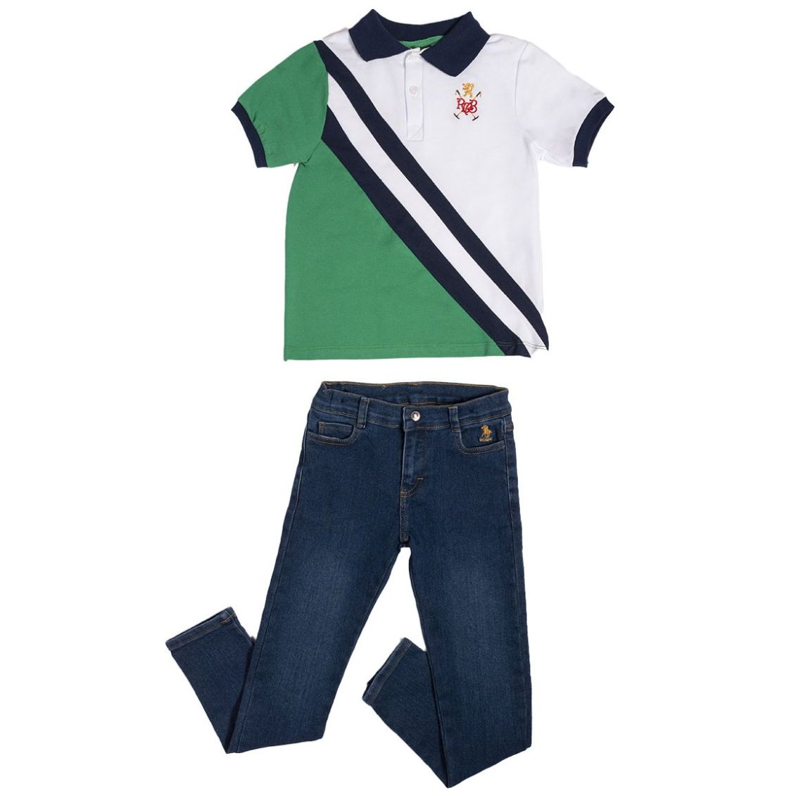 Conjunto para Niño 2 Piezas Playera Cuello Tipo Polo Manga Corta Verde Combinada con Pantalón de Mezclilla Royal Polo Club