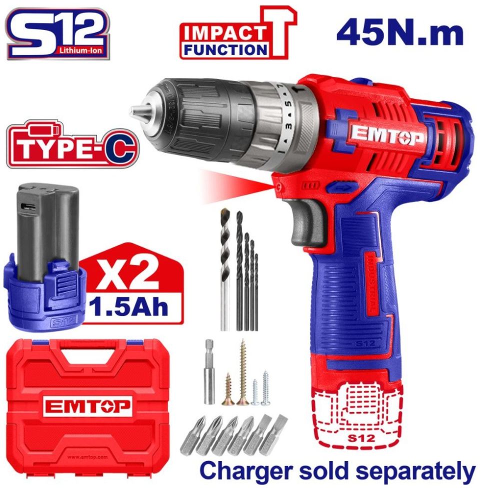 Kit Taladro de Impacto de 45 Nm Inalámbrico de 12 V Emtop