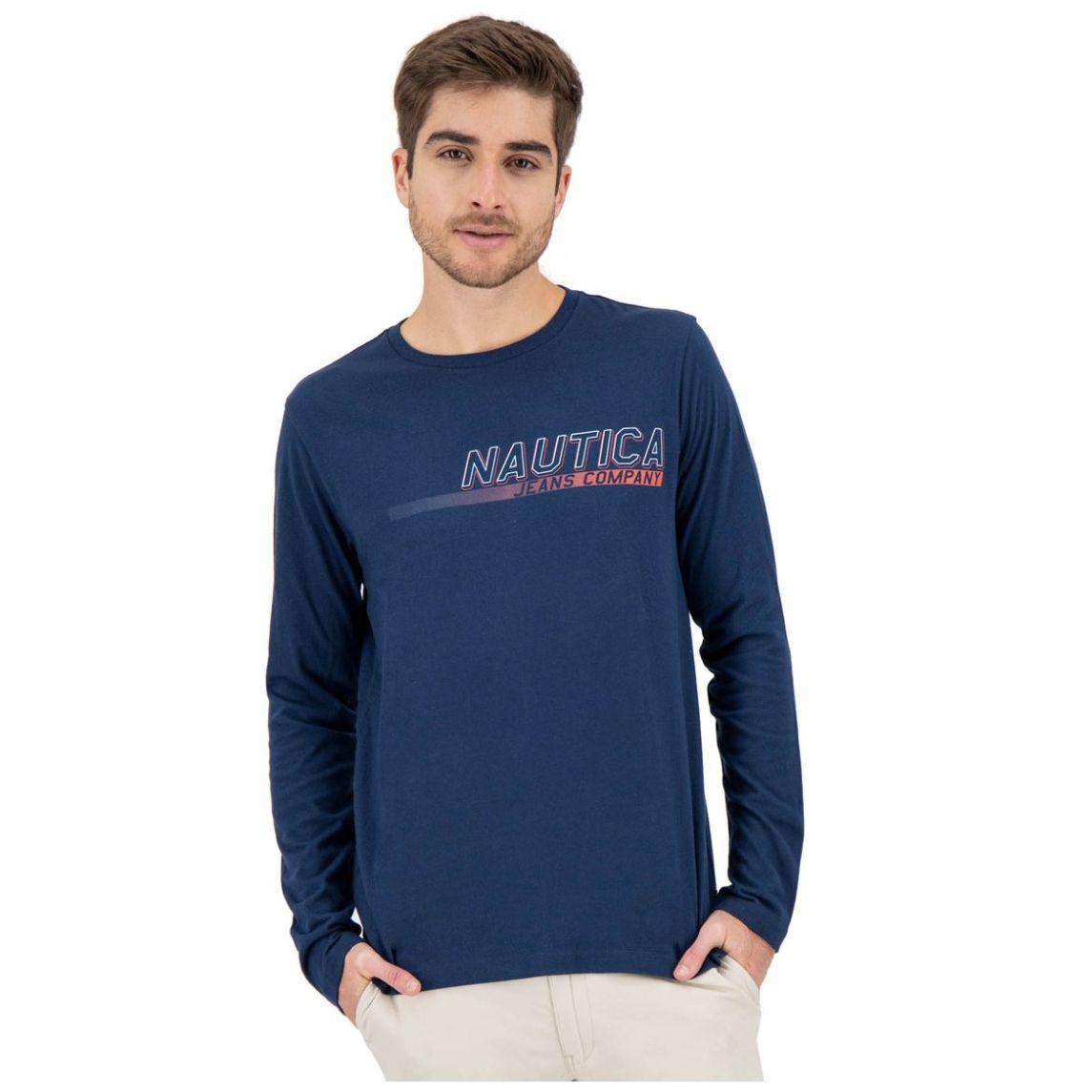 Nautica - Camisa De Manga Larga Con Cuello Redondo Para Hombre, Playera De Manga Larga Con Cuello Redondo Impreso Nautica, L, Negro, Azul (Bluedepths