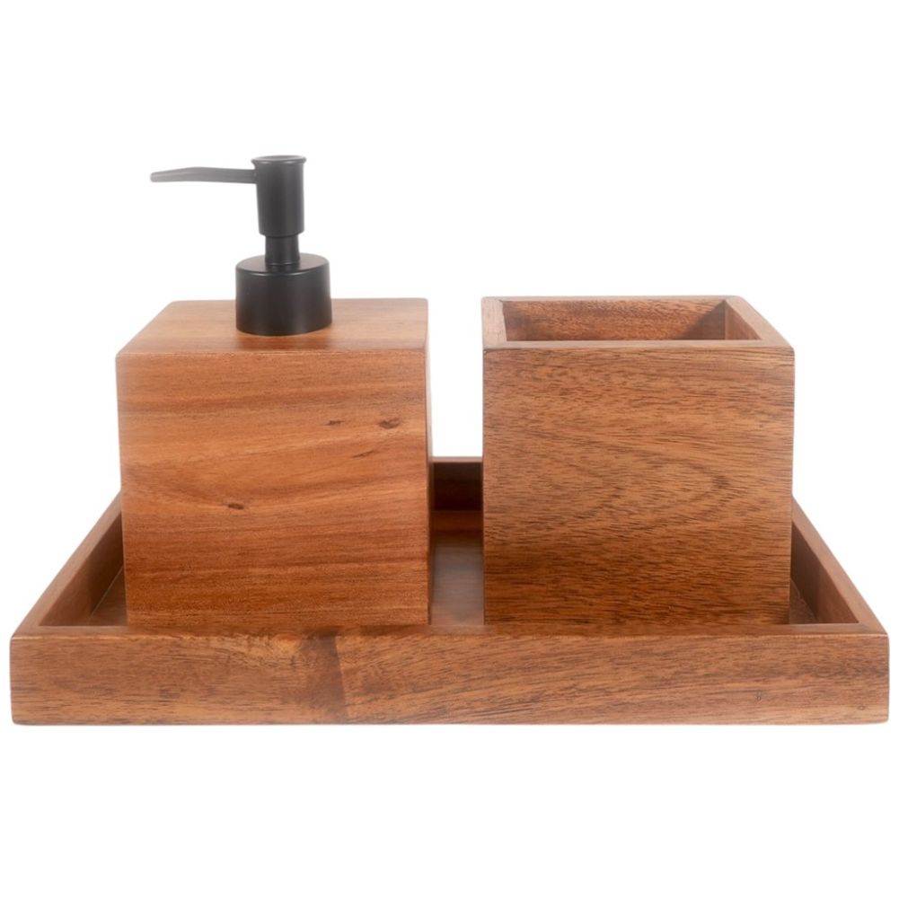 Juego de Baño Natura Madera Acacia Vaso Dispensador Bandeja Home Nature