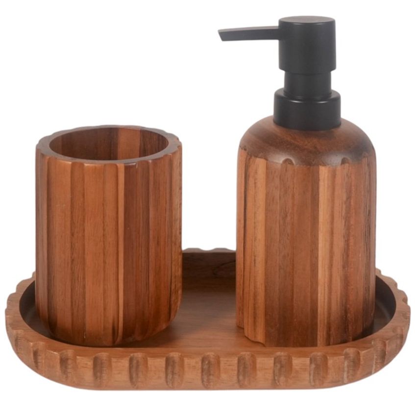 Juego de Baño Bergen Madera Vaso Dispensador y Bandeja Home Nature