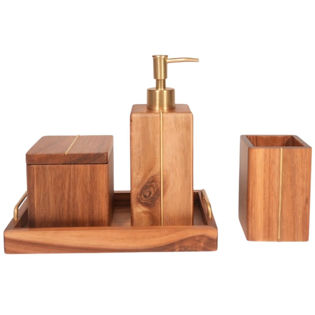 Juego de Baño Jade de Madera 4 Piezas Bandeja Home Nature