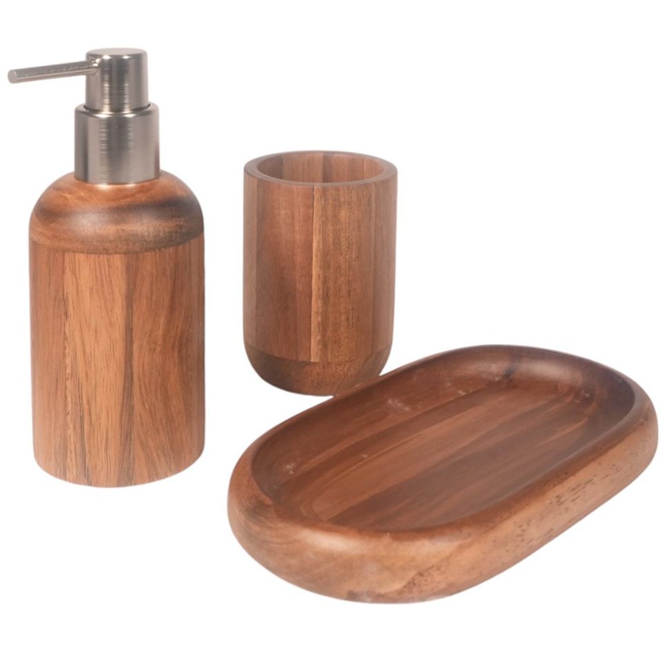 Juego de Baño Lúa de Madera Vaso Dispensador Bandeja Home Nature