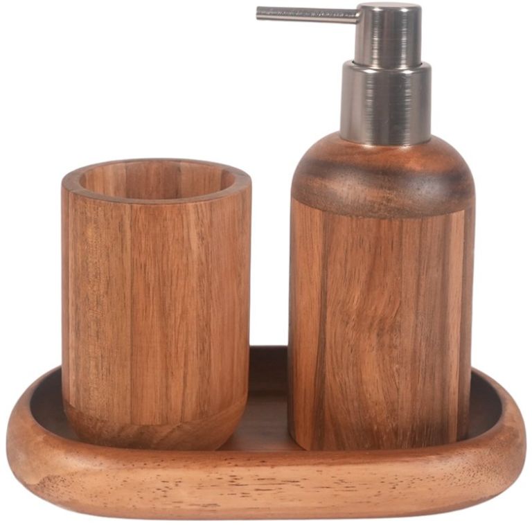 Juego de Baño Lúa de Madera Vaso Dispensador Bandeja Home Nature