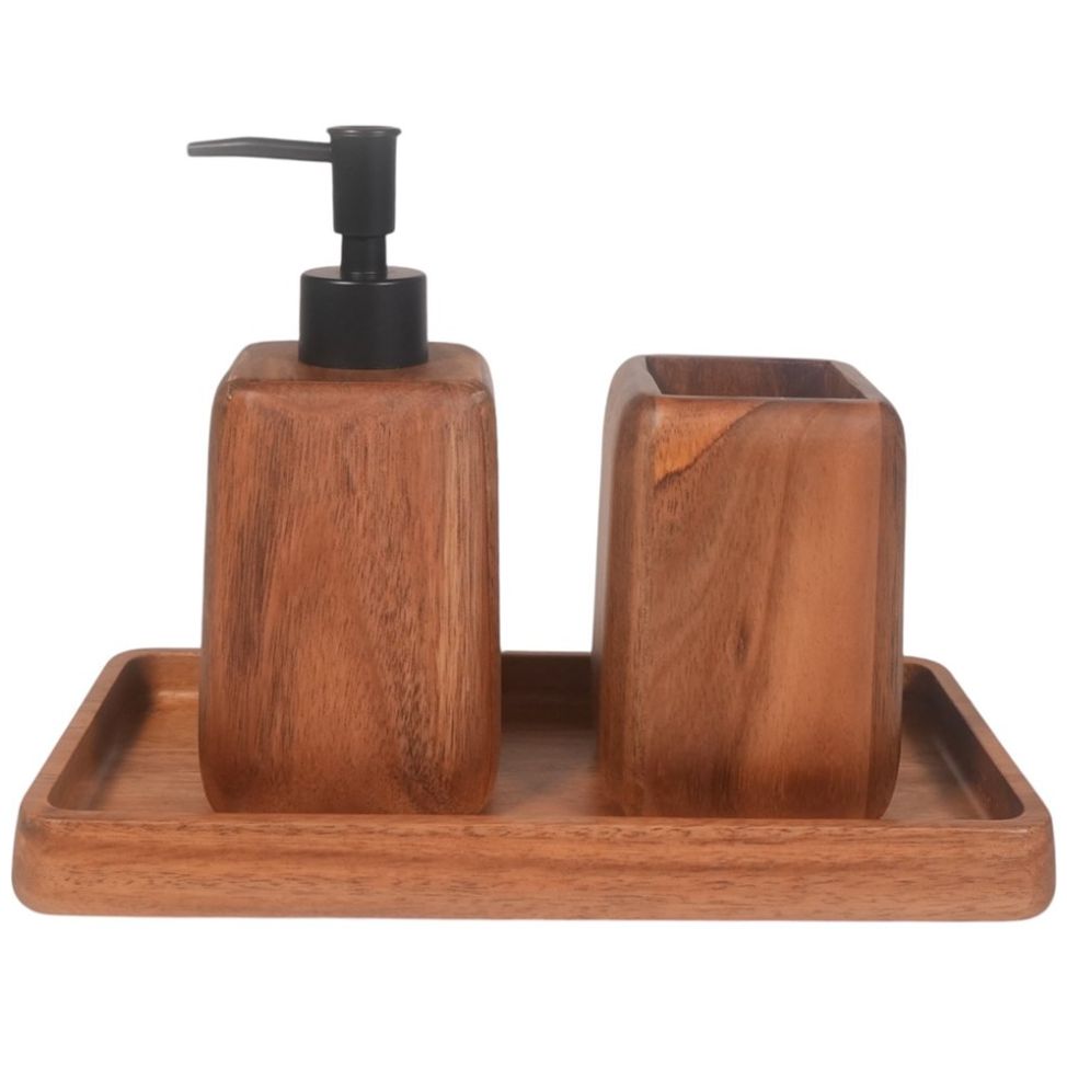 Juego de Baño Isa de Madera Vaso Dispensador y Bandeja Home Nature