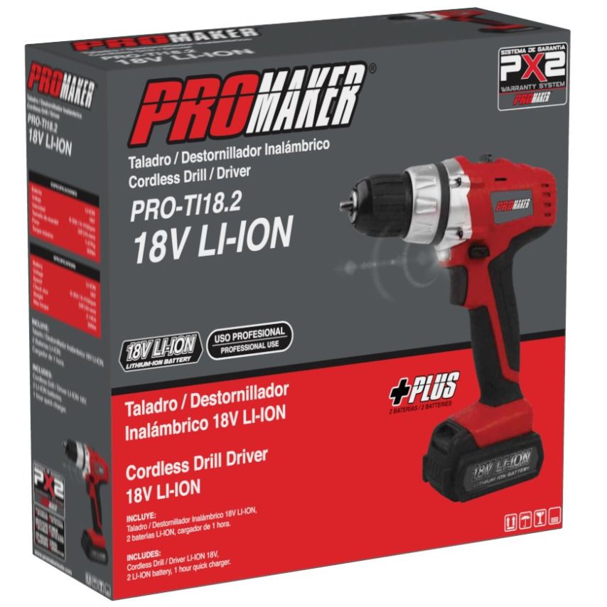 Taladro Destornillador Inalámbrico 18V Li-Ion 16 Posiciones Reversa y Freno Promaker