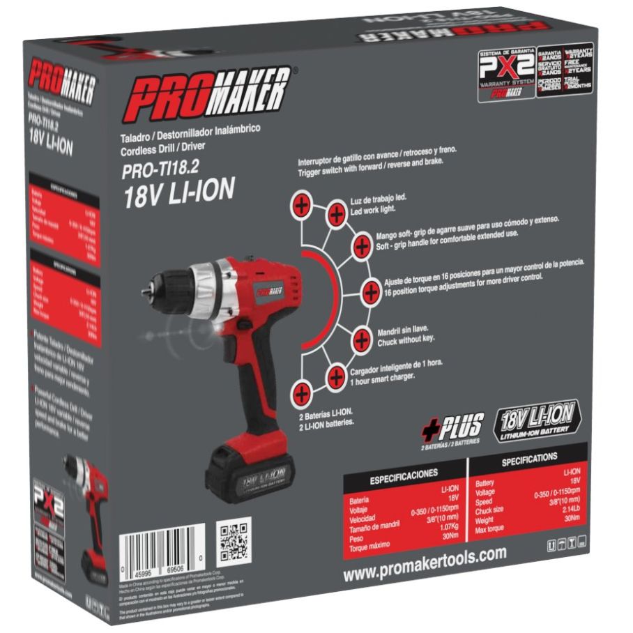 Taladro Destornillador Inalámbrico 18V Li-Ion 16 Posiciones Reversa y Freno Promaker