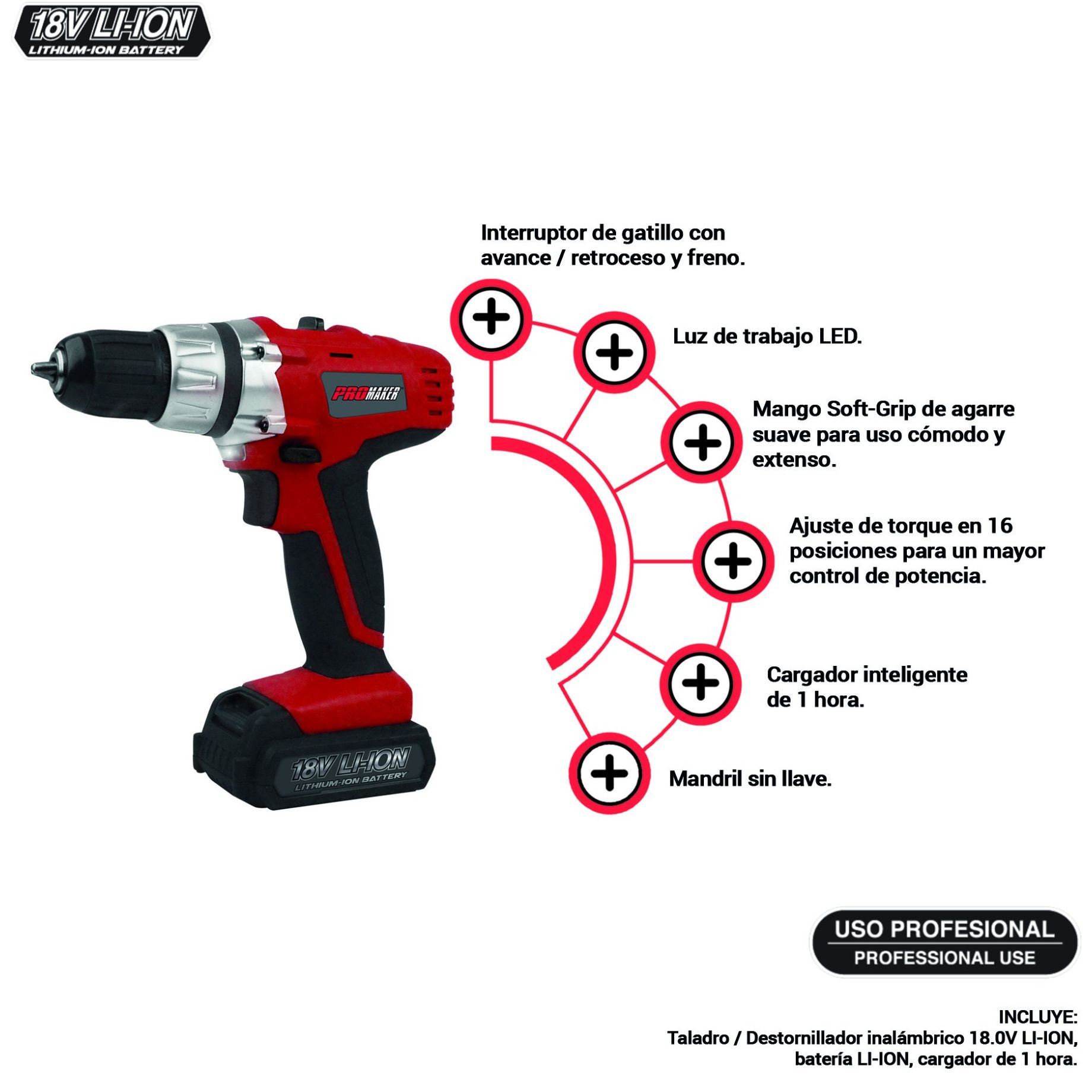 Taladro Destornillador Inalámbrico 18V Li-Ion 16 Posiciones Reversa y Freno Promaker