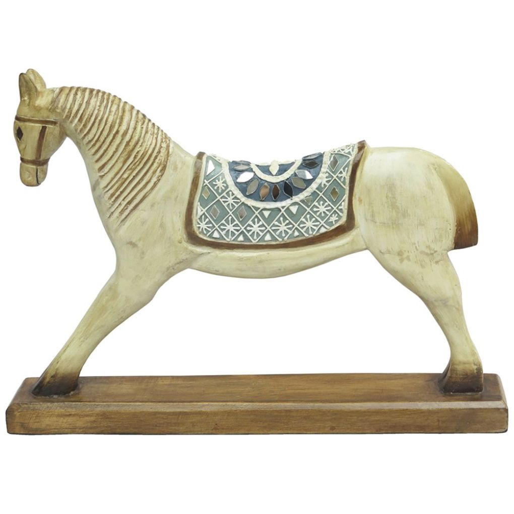 Caballo Tallado en Madera Nacarado Azul - Blanco Vintage Home