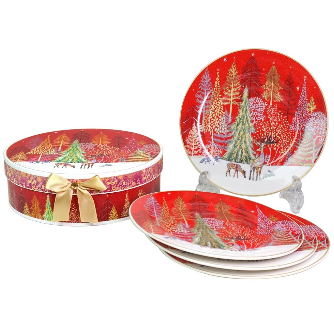 Set Platos 4 Piezas Caja Navidad Porcelana Roja