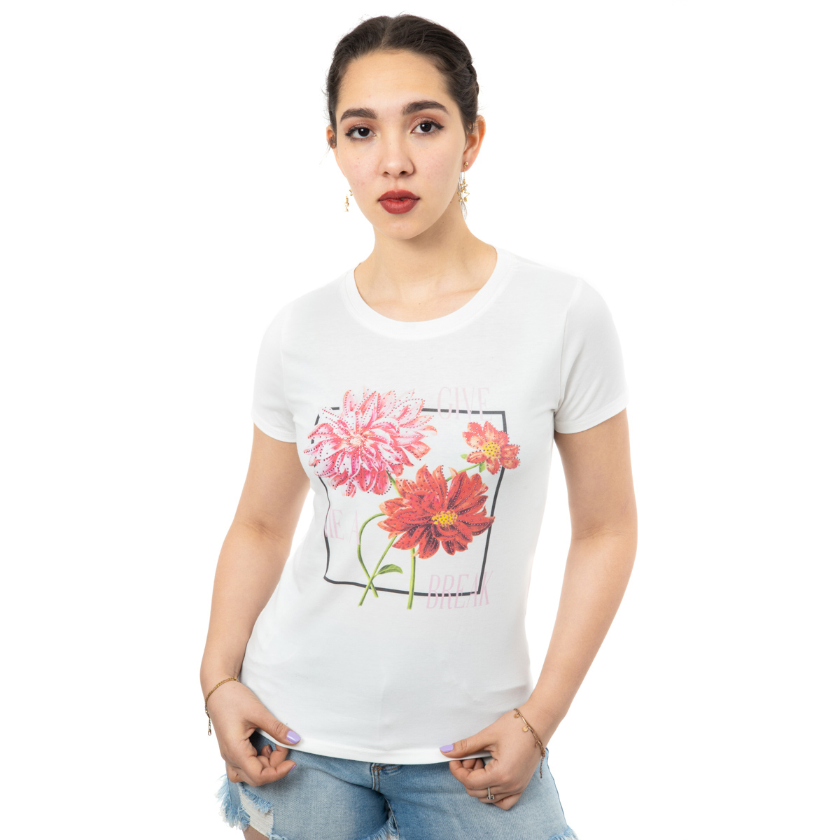 Playera Flores con Hot Fix Studio si para Mujer