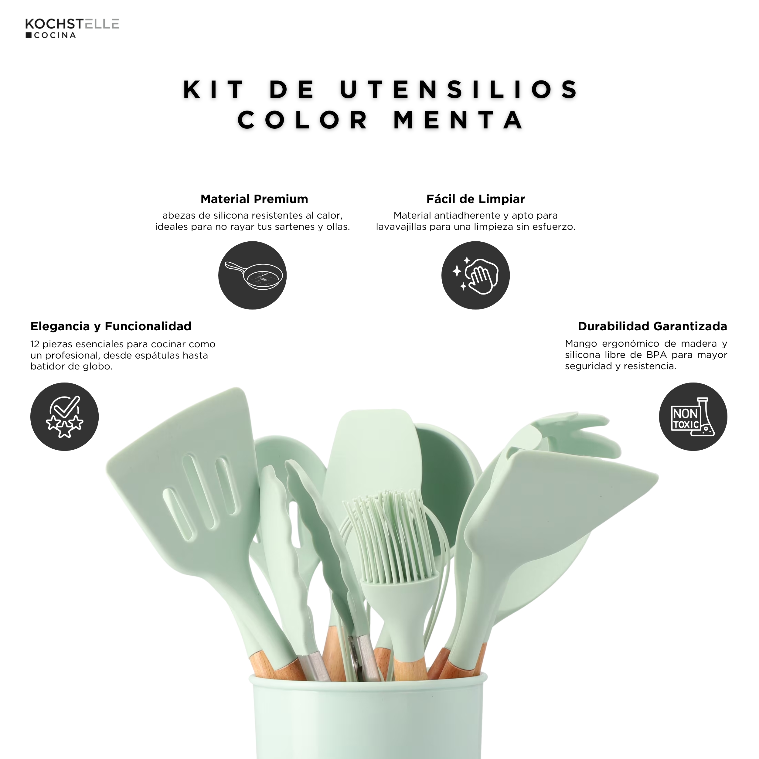 Set de 11 Espátulas Verdes Antihaderentes de Silicona Kochtelle