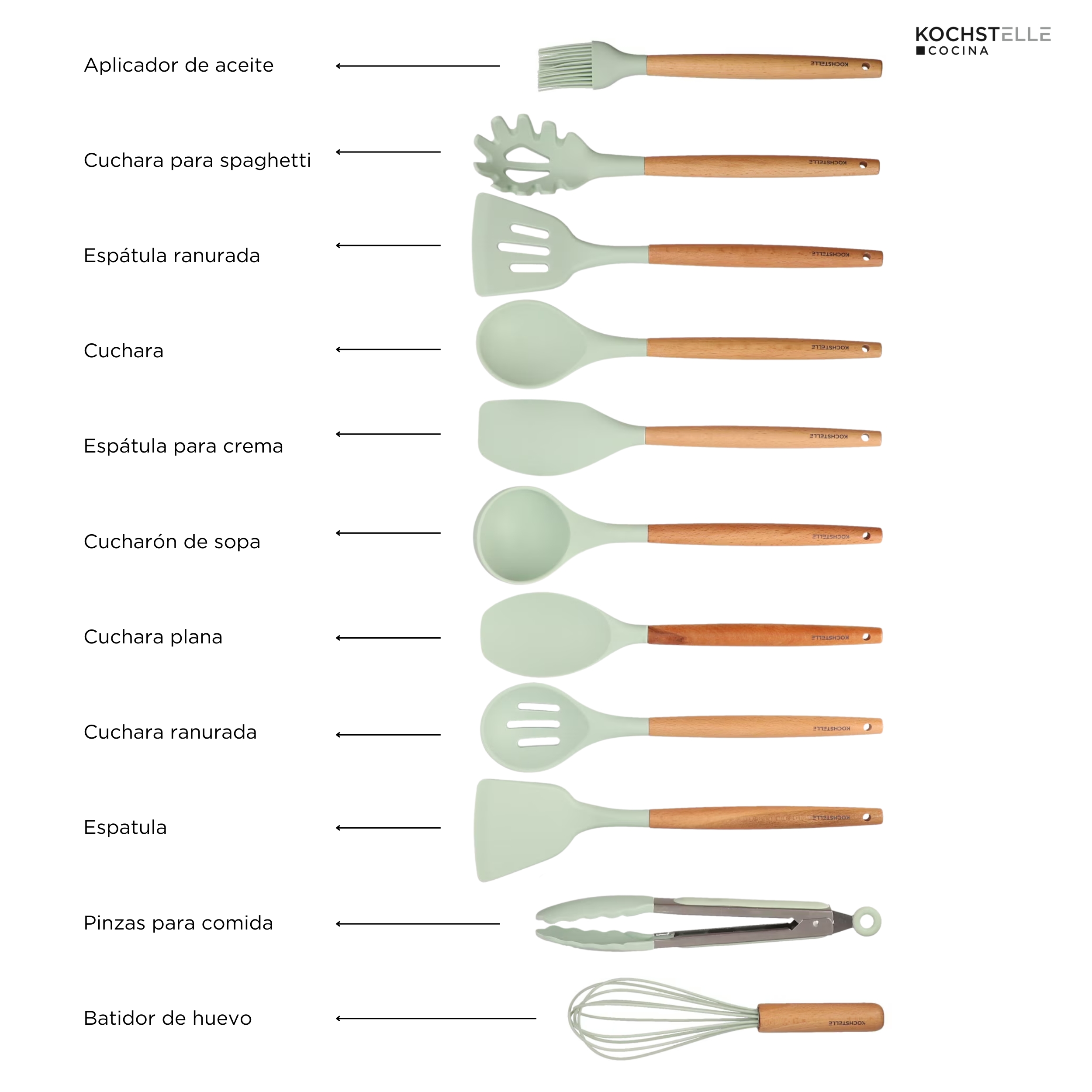 Set de 11 Espátulas Verdes Antihaderentes de Silicona Kochtelle
