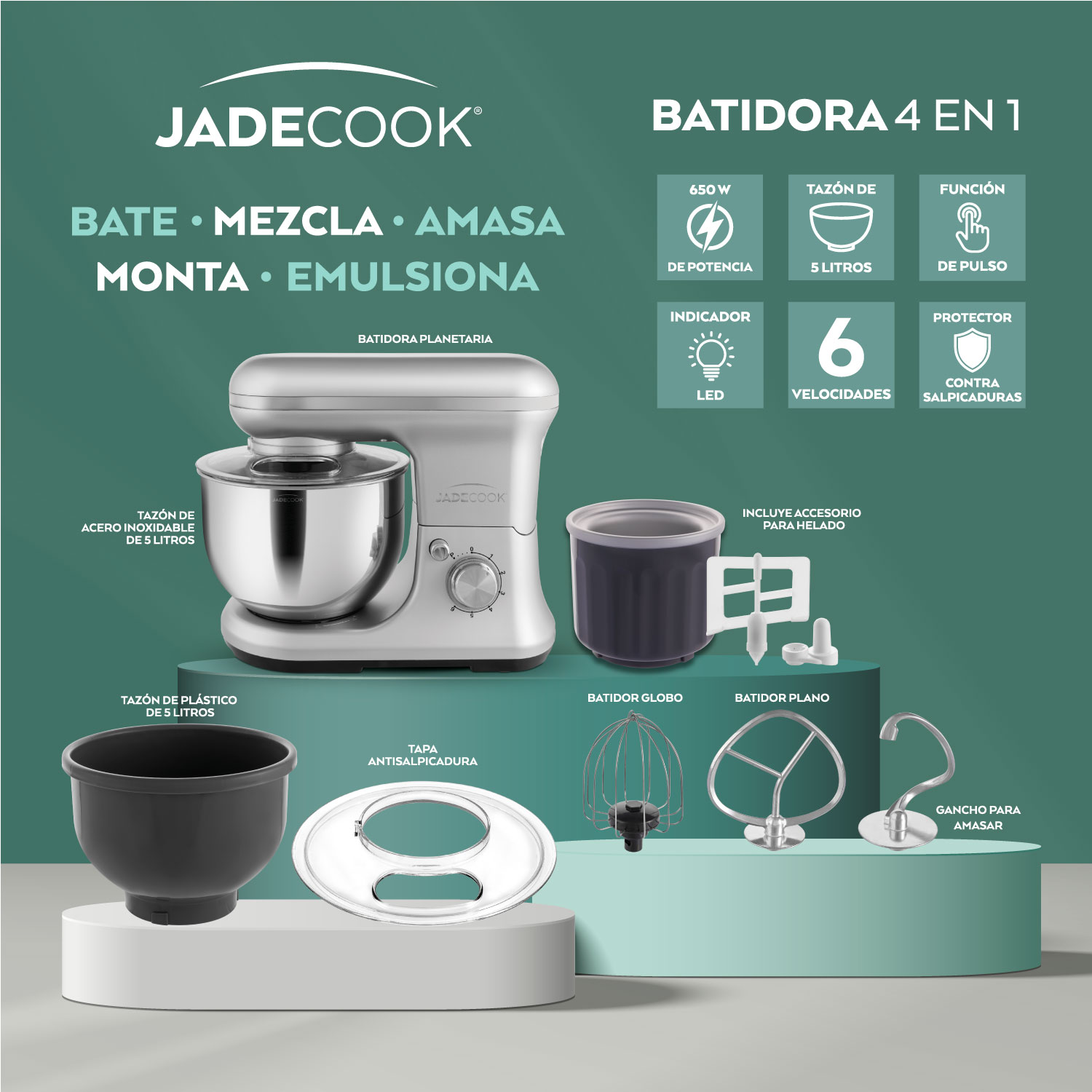 Batidora Planetaria 650W 5 L Plata Jade Cook