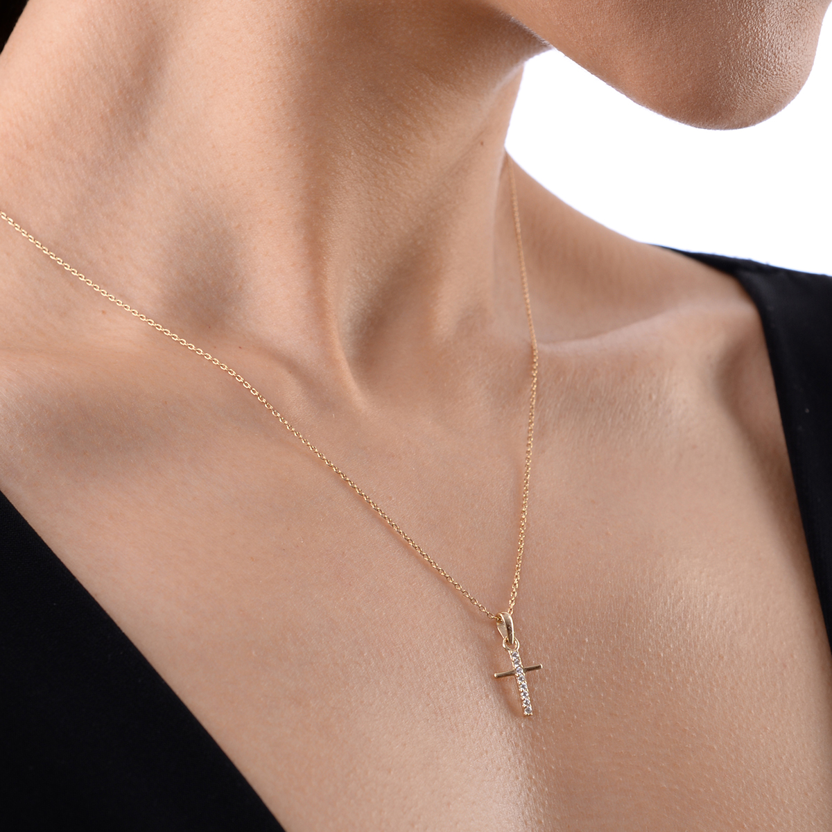 Dije Cruz Mini Oro 14K con Zirconias Doble o