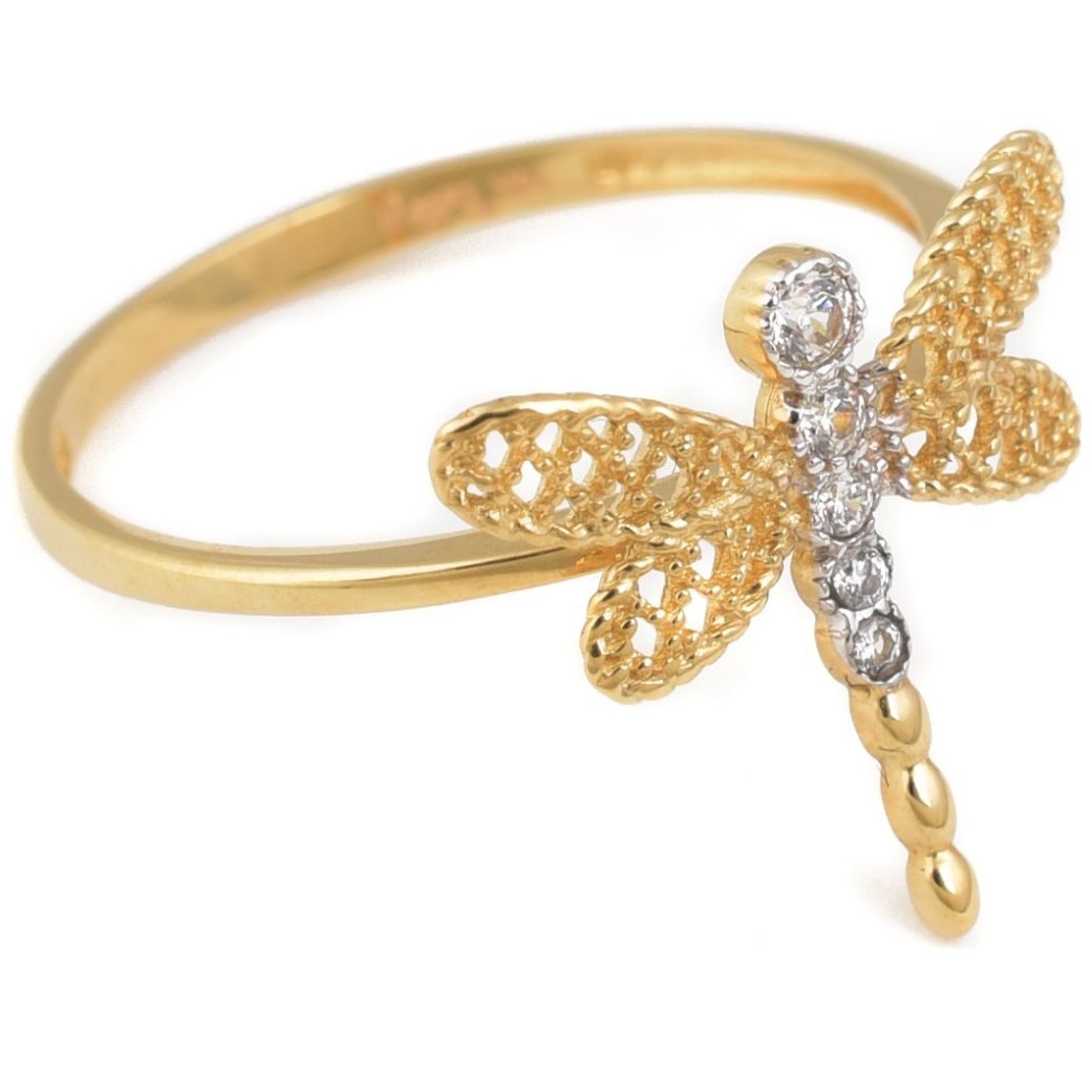 Anillo Libélula Oro 14K con Zirconias Doble o