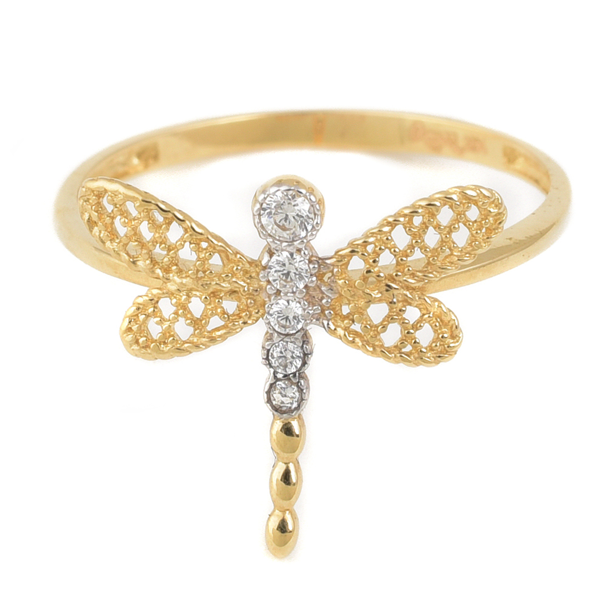 Anillo Libélula Oro 14K con Zirconias Doble o