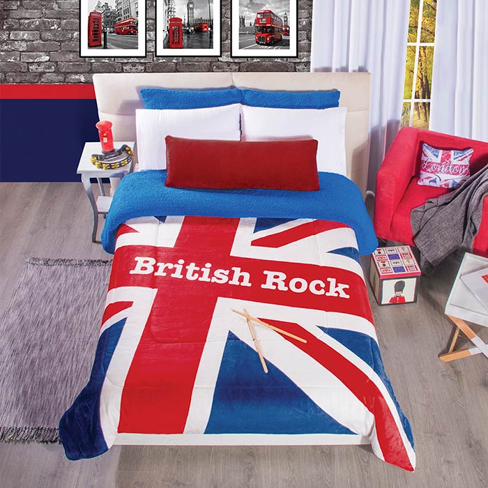 Cobertor Borrega British Rock Dos Vistas Azul Rey Matrimonial/Individual