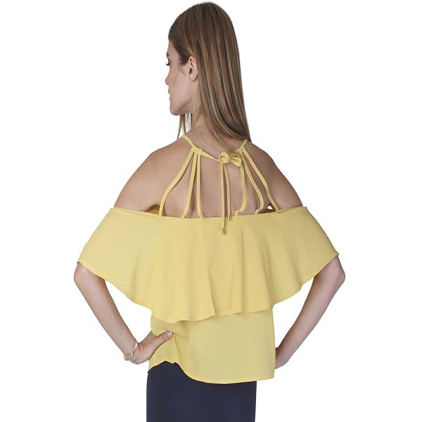 Blusa color amarillo, sin mangas, con olanes en hombros y cintas de amarre en cuello - SALSA
