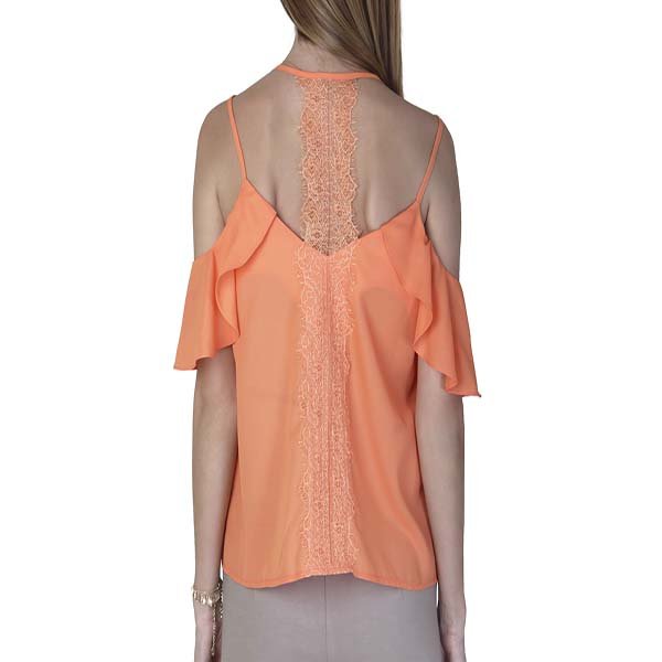 Blusa color coral, cold shoulder, con aplicación de encaje en espalda - SALSA