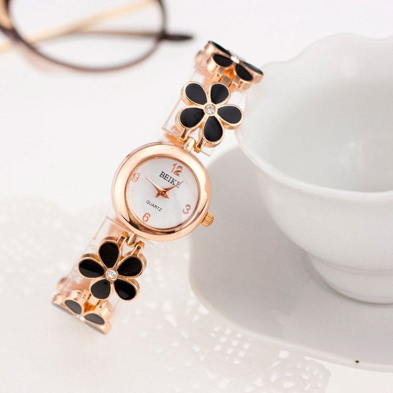 Reloj para dama pulsera brazalete de flores en color negro
