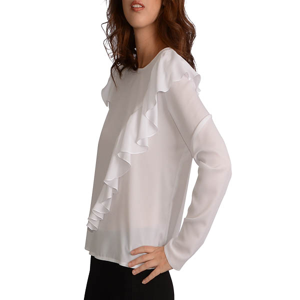 Blusa color blanco, cuello redondo, manga larga, con detalle de olan cruzado por frente - SALSA