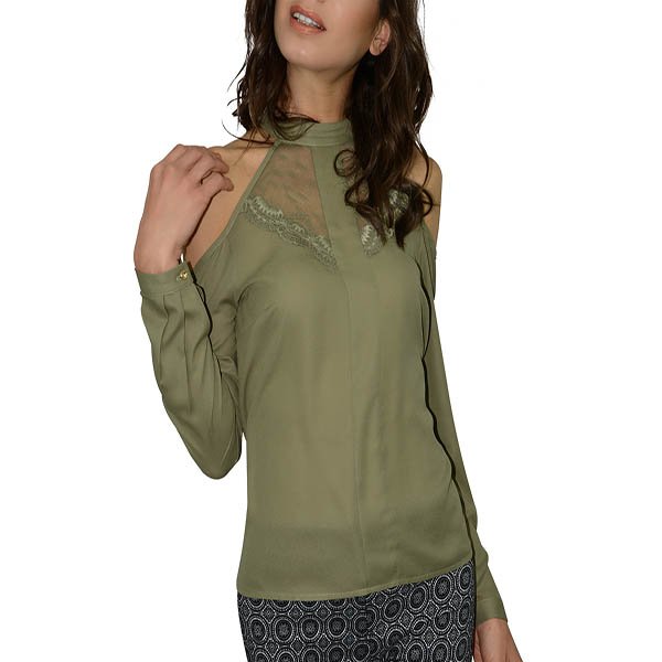 Blusa  Verde Olivo, cold shoulder con aplicación de encaje en escote-SALSA
