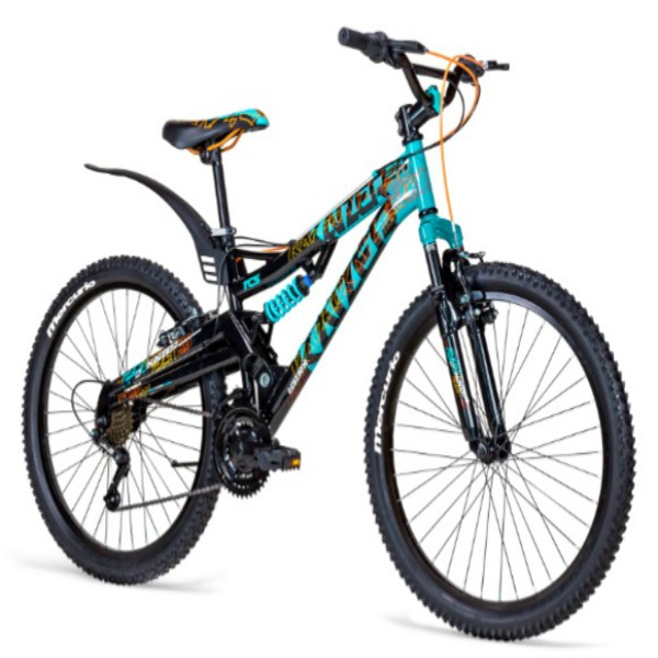 Bicicleta MErcurio, doble suspension, de montaña, DS, modelo KAIZER, Rodada 24, 21 Velocidades, color NEGRO BRILLANTE/TURQUESA, linea 2018