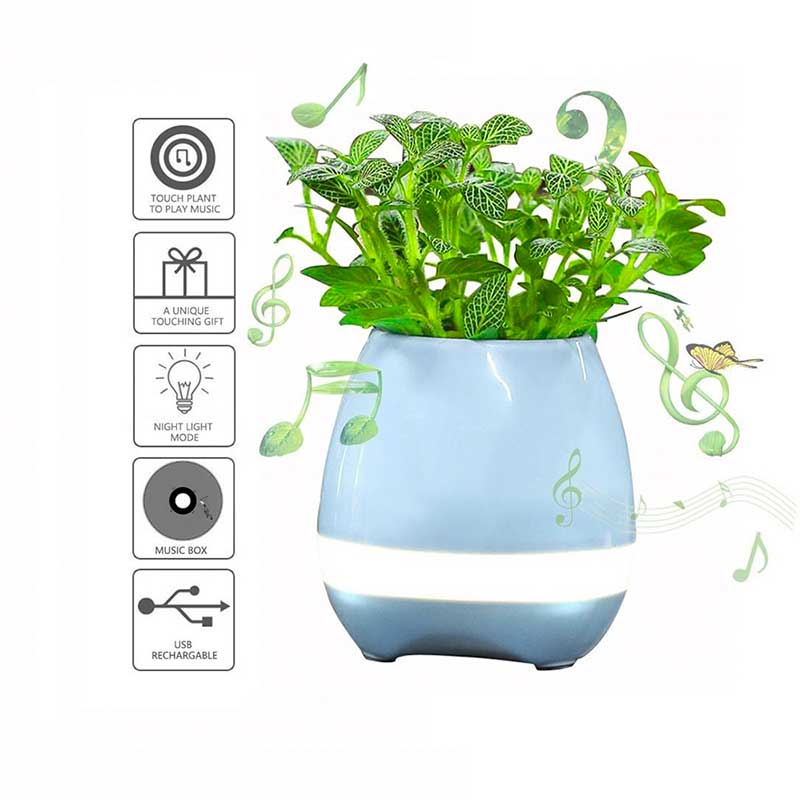 Maceta Inteligente con Bocina Bluetooth, Luz LED de 7 Colores y Melodías que se Activan al Tocar la Planta.