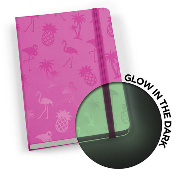 Cuaderno mini book blanco JUST MUSTARD suave con diseño  tropical, brilla en la obscuridad