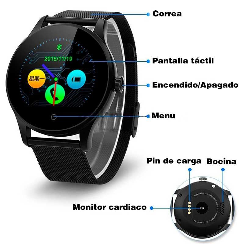 Smart Watch K88H Reloj Inteligente con Monitor de Ritmo Cardiaco, Notificaciones en Pantalla, Contador de Pasos y Calorías, Correa de Acero Inoxidable, Pantalla Touch, Bluetooth 4.0, Compatible con iOS y Android