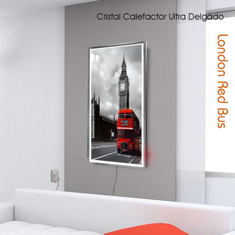 Calefactor de Panel infrarrojo de pared en Cristal, California Wave London Red Bus de 330W, 60x90cm, Mod: 045CaSol