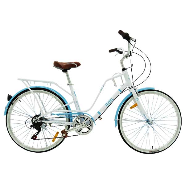 BICICLETA MONK LOVING C/PORTABULTO Y SALPICADERAS R-24 6VEL BCA/AZL