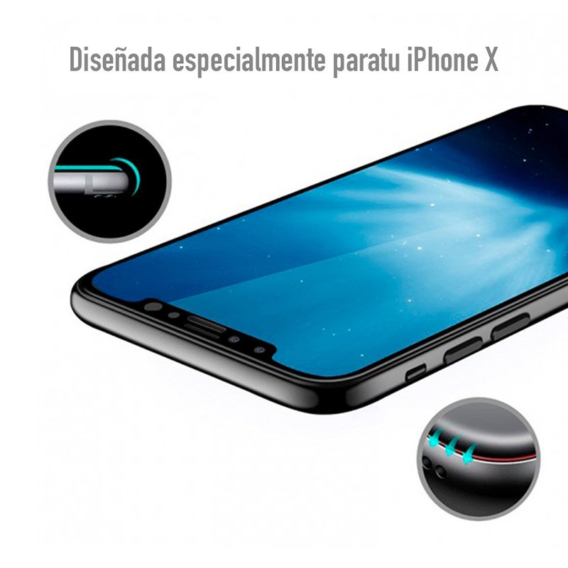 Mica Protectora para iPhone X de Cristal Templado, Borde Negro. Glass Dureza 9H, Anti Manchas y Rayones, Oleofóbico, Compatible con 3D Touch